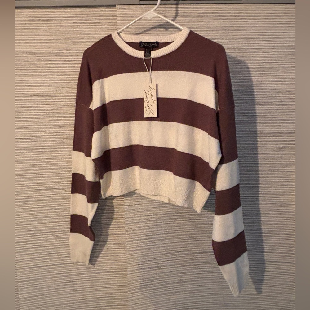 Striped Cropped Sweater in Cream and Brown
